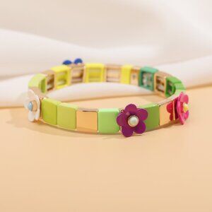 NEW Roxanne Assoulin Garden Variety Flower Grass Gold Colorful Enamel Stretch Br